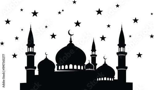 Eid al adha celebration silhouette mosque under starry night sky