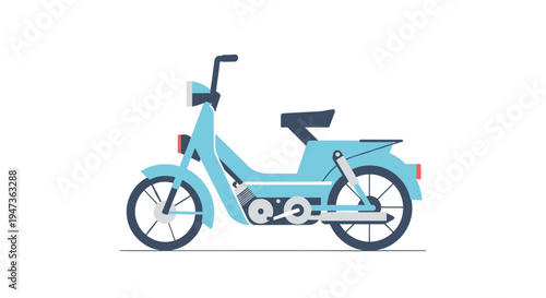 A light blue moped with a step-through frame and black seat stands facing right on a pure white background.
