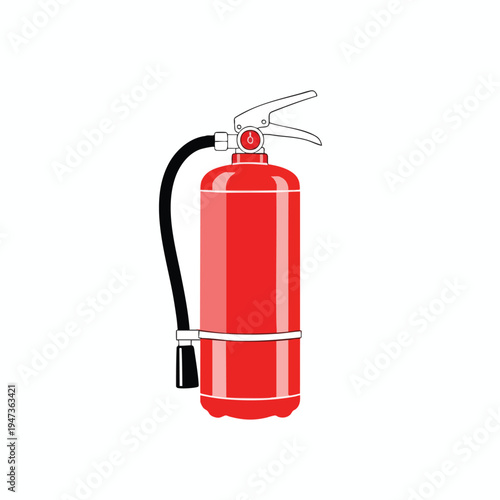 A red portable fire extinguisher with a black hose and silver handle