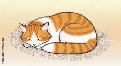 Cute Orange Tabby Cat Sleeping Curled Up in Cozy Nest