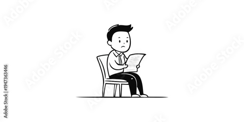 Relaxed Cartoon Man Sitting and Reading Document in Business Casual Attire on Isolated White Background