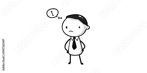 Cartoon Stick Figure Businessman Thinking with 'I' in Thought Bubble on Isolated White Background
