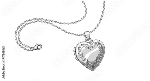 A detailed silver heart-shaped locket with ornate engraved patterns and a reflective surface hangs from a delicate ball chain with a lobster clasp.