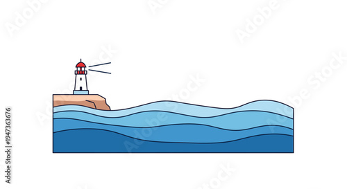A small white lighthouse with a red top stands on a brown landmass, emitting light over four distinct layers of blue ocean waves on a white background.