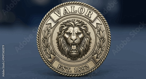 Lion Head Emblem Coin with Valor Text - Vintage Badge Design