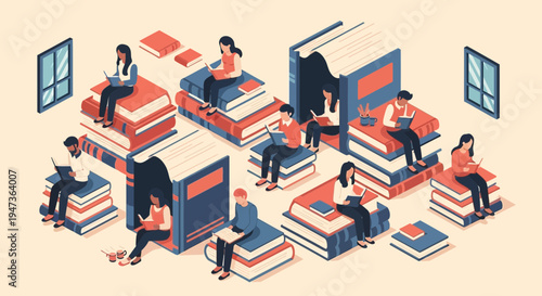Diverse People Reading Books on Stacked Volumes
