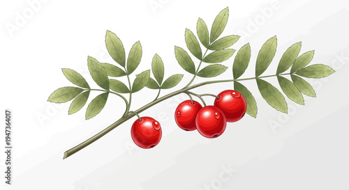 Rowan Berry Branch with Red Fruits and Green Leaves, Isolated on White
