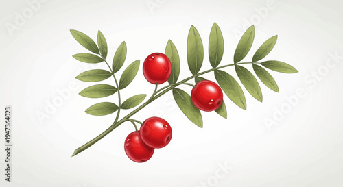 Red Berries on a Green Leafy Branch, Botanical Illustration