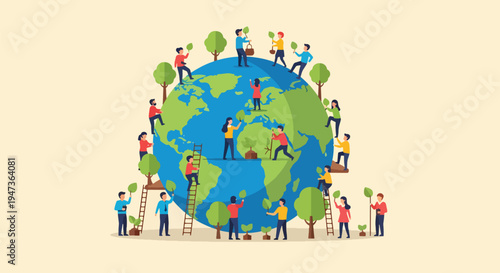 Volunteers working together to plant trees and care for world globe for earth day concept of global cooperation and environmental reforestation task