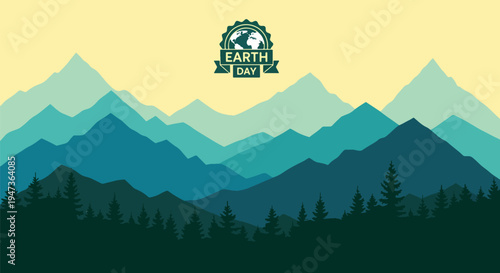 Mountain range landscape with earth day badge and pine tree forest silhouette under soft yellow sky for wilderness and nature conservation concept