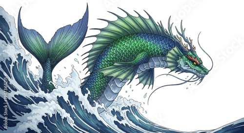 Majestic mythical sea dragon with a whale tail emerging from powerful ocean waves, depicted in a vibrant illustrative style.