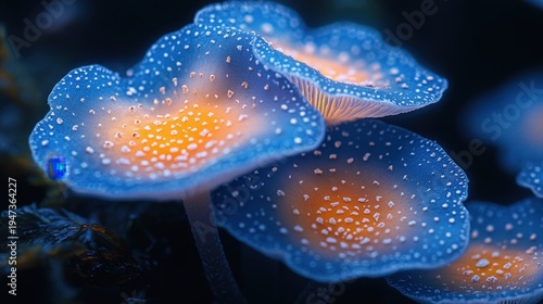 Bioluminescent Blue Mushrooms with Orange Glow, Magical Forest Floor, Macro Photography, Mystical Nature, Enchanted Ecosystem