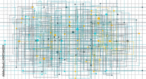 Abstract digital network with interconnected lines and nodes representing data flow and technology.