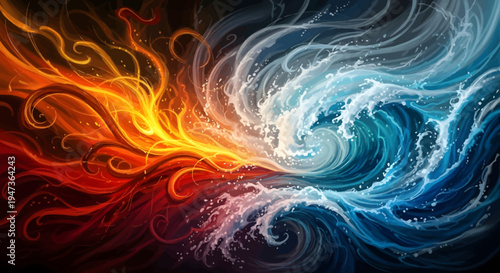Dynamic abstract illustration depicting a vibrant contrast between swirling fiery red and orange elements on one side and cool blue and white water-like waves on the other