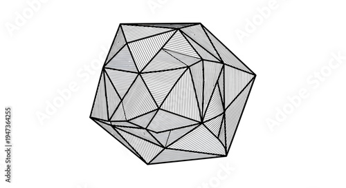 Detailed wireframe rendering of a complex geometric polyhedron with numerous triangular faces and edges, presented on a white background.