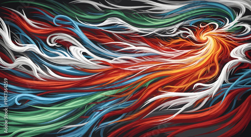 Vibrant abstract artwork featuring flowing, colorful lines swirling towards a luminous central point, creating a dynamic and energetic visual.