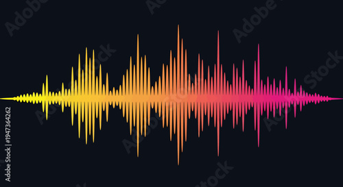 Vibrant sound wave equalizer graphic with a smooth gradient of yellow, orange, and pink colors on a dark background, representing audio visualization.
