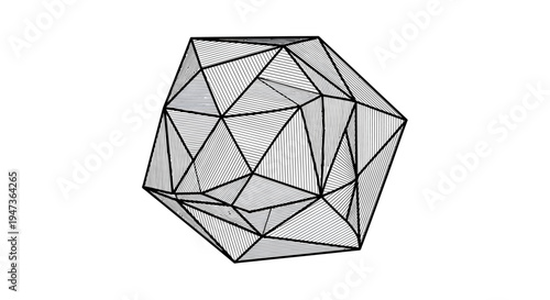 A detailed wireframe illustration of a complex geometric polyhedron with multiple triangular facets and internal structures on a white background.