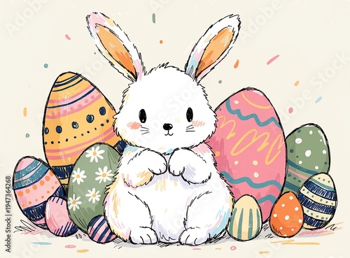 cuty baby bunny with easter eggs,cartoon style