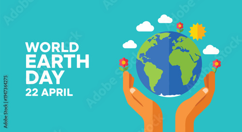 World earth day illustration with hands holding planet earth, flowers, clouds, and sun on a vibrant blue background