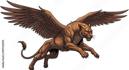 Majestic brown winged feline creature in a dynamic flying pose, a mythical beast illustration.