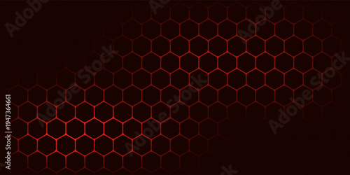 Hexagon game background with glowing red honeycomb grid on black surface. Abstract geometric pattern of connected cells for futuristic interface design. Digital technology bg with luminous edges.