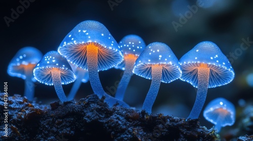 Bioluminescent Mushrooms Glowing Blue and Orange in Dark Forest, Mystical Enchanted Fungi Cluster on Mossy Ground, Macro