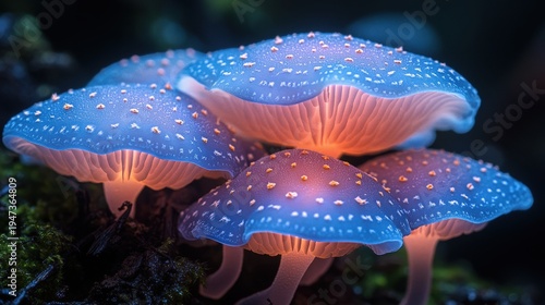 Magical Bioluminescent Mushrooms Glowing in Dark Forest, Enchanted Nature Scene, Mystical Fungi