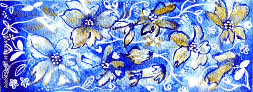 Banner con grandi fiori azzurro e oro, dipinto ad acquerello