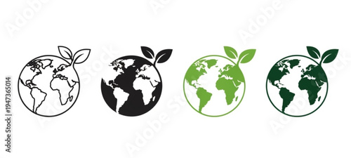 Earth Nature Care Line and Silhouette Icon Set. Ecology Planet and Leaf Pictogram. Eco Globe Green World with Plant Symbol Collection on White Background. Isolated Vector Illustration