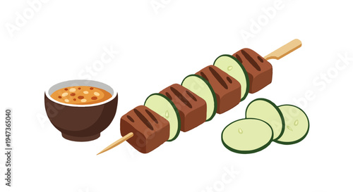 Delicious grilled meat and zucchini skewers with savory dipping sauce, perfect for a healthy summer BBQ or appetizer. Flavorful and fresh meal presentation