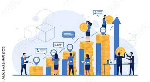 Business growth and financial success with people working on rising coins stacks