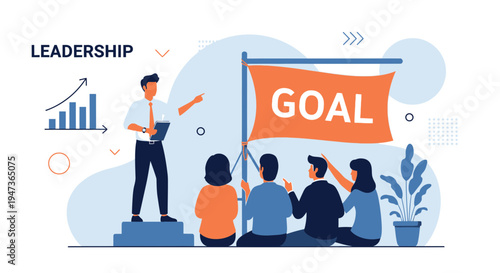 Business leader pointing at goal flag, inspiring team for success, growth chart background