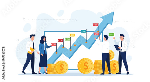 Business growth concept: people analyzing upward trending graph with coins and flags