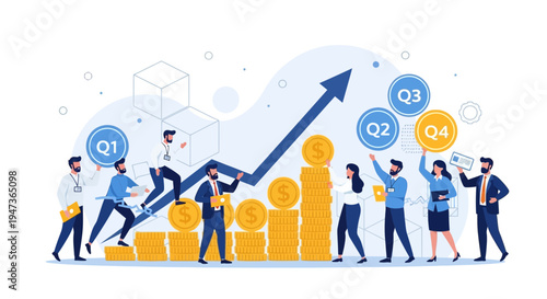 Business growth concept: Team celebrates financial success with rising profits and quarterly targets.