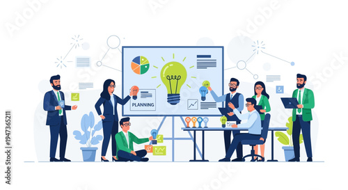 Business Team Brainstorming Ideas and Planning Strategy with Lightbulb and Charts