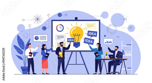 Business team brainstorming innovative ideas with a glowing lightbulb on a presentation board.