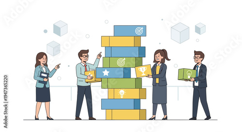 Business team building success strategy with colorful blocks and icons for growth