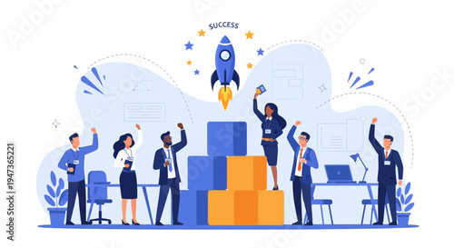 Business Team Celebrating Success with Rocket Launching