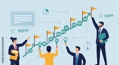 Business team climbing growth chart, achieving success, strategic planning, teamwork, reaching goals