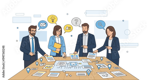 Business team collaborating around a table with project plans and ideas