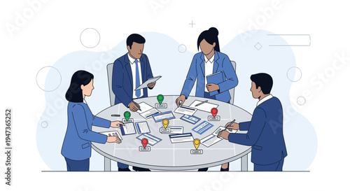 Business team collaborating around a table with strategy board and pins, planning meeting