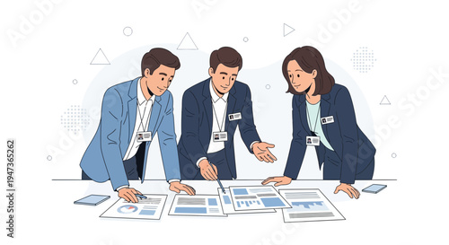 Business team collaborating on documents, analyzing charts and graphs at a meeting table.