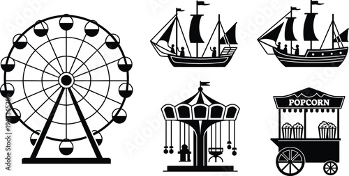 Black and white silhouette depicting a Ferris wheel, two sailing ships, a carousel, and a popcorn cart, representing amusement park attractions