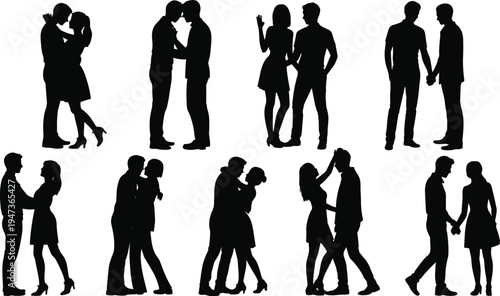 Collection of ten black silhouette of couples in romantic embraces and holding hands love
