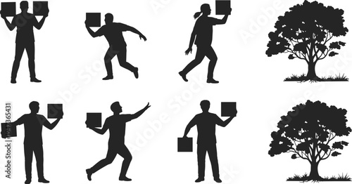 Collection of silhouetted figures holding blank square signs in various dynamic poses alongside stylized trees