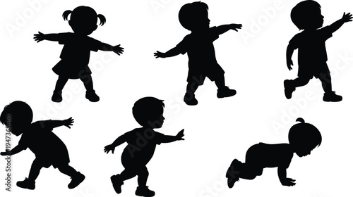 Diverse silhouettes of young children engaged in various playful activities and movements isolated on a white background