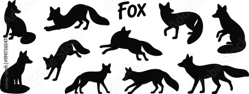Dynamic black silhouettes of foxes in various playful and active poses with the word Fox written in a stylized font