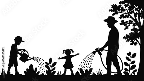 Father and two children watering plants in a garden with a hose and watering cans in silhouette against a white background