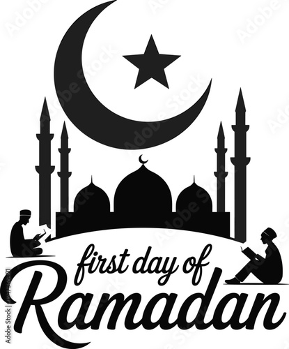 Festive Ramadan greeting featuring a mosque crescent moon and star with people reading holy books signifying spiritual observance